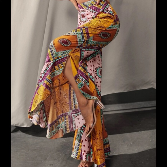 Boho Bohemian Gypsy Floral Paisley Print Slit wide Leg Pants - Picture 5 of 9